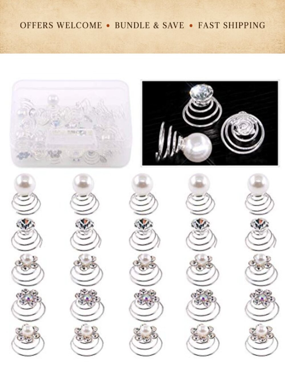 Spiral Hair Pins Rhinestone Pearl Coil Clips 30Pc Bridal Party Accessories
